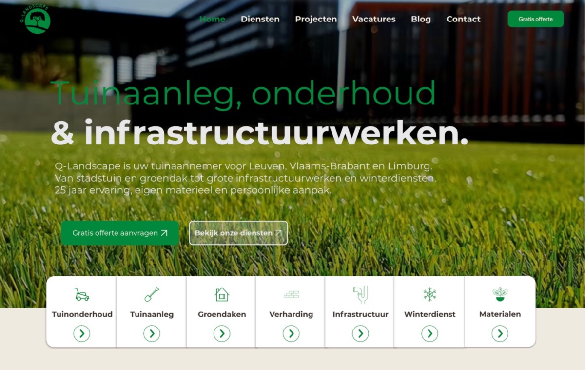Q-Landscape website op desktop, gemaakt door TJ Media