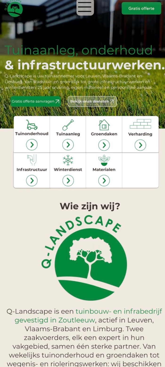 Q-Landscape website op mobiel, gemaakt door TJ Media